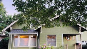 A green house with a covered porch, a small garden with pink flowers, and a mailbox. - Cozy 2+ bedroom house in beautiful Springfield (Springfield)