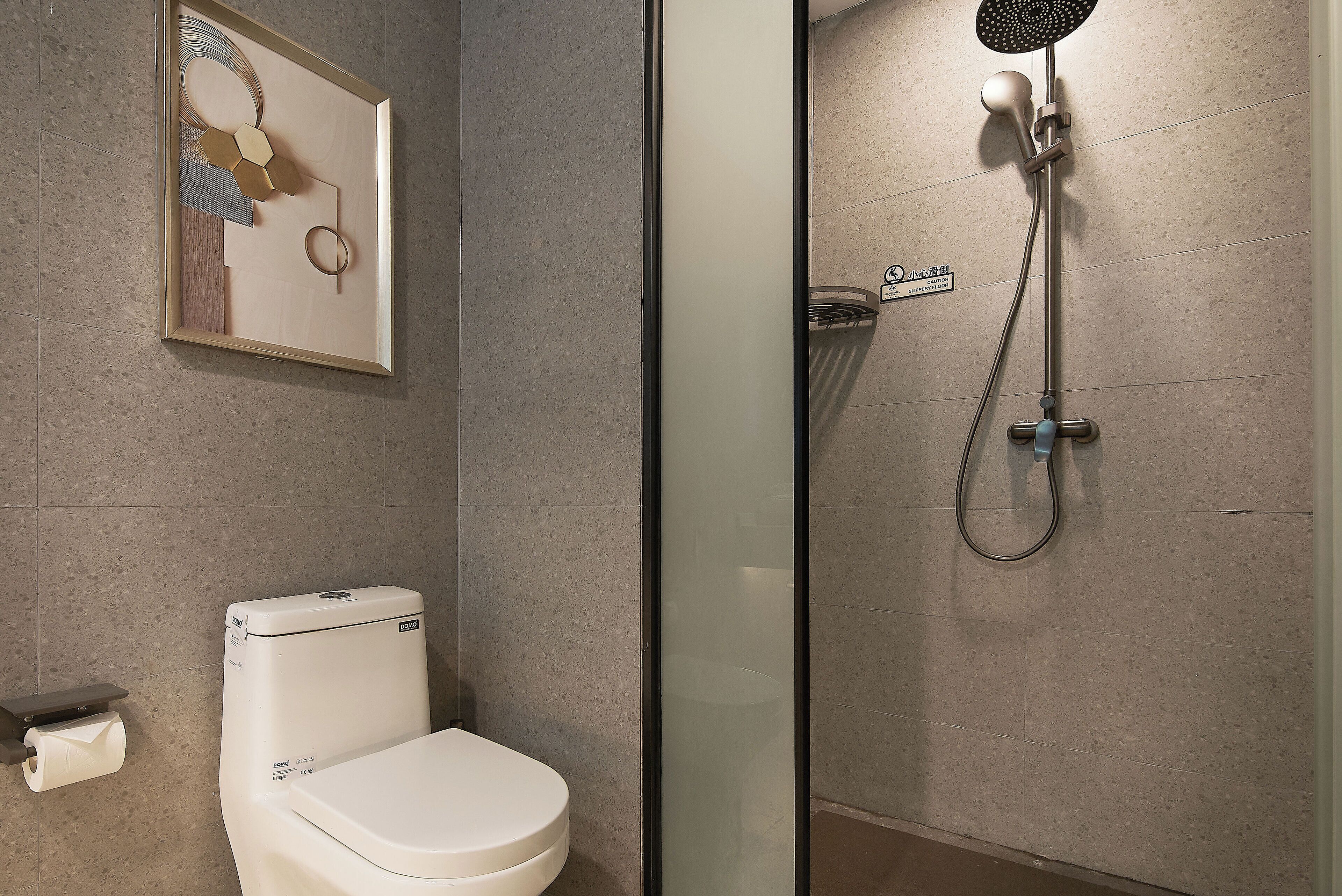 Hair dryer, slippers, towels, shampoo