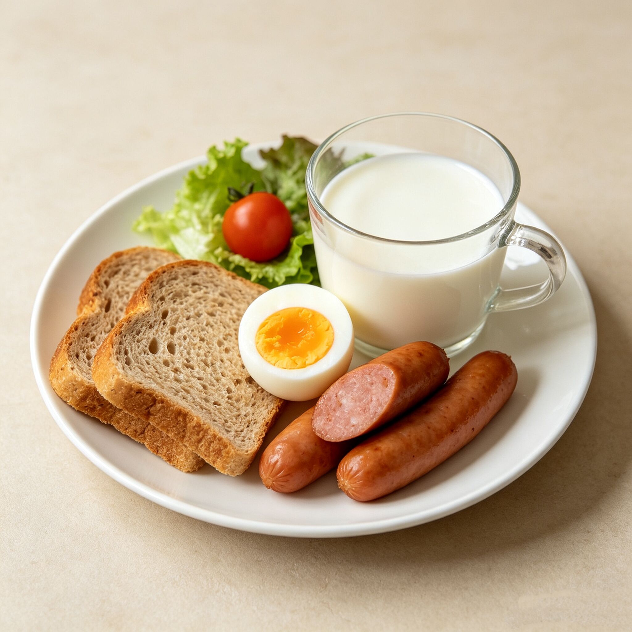 A plate with slices of bread, a boiled egg, two sausages, a glass of milk, a tomato, and some lettuce.