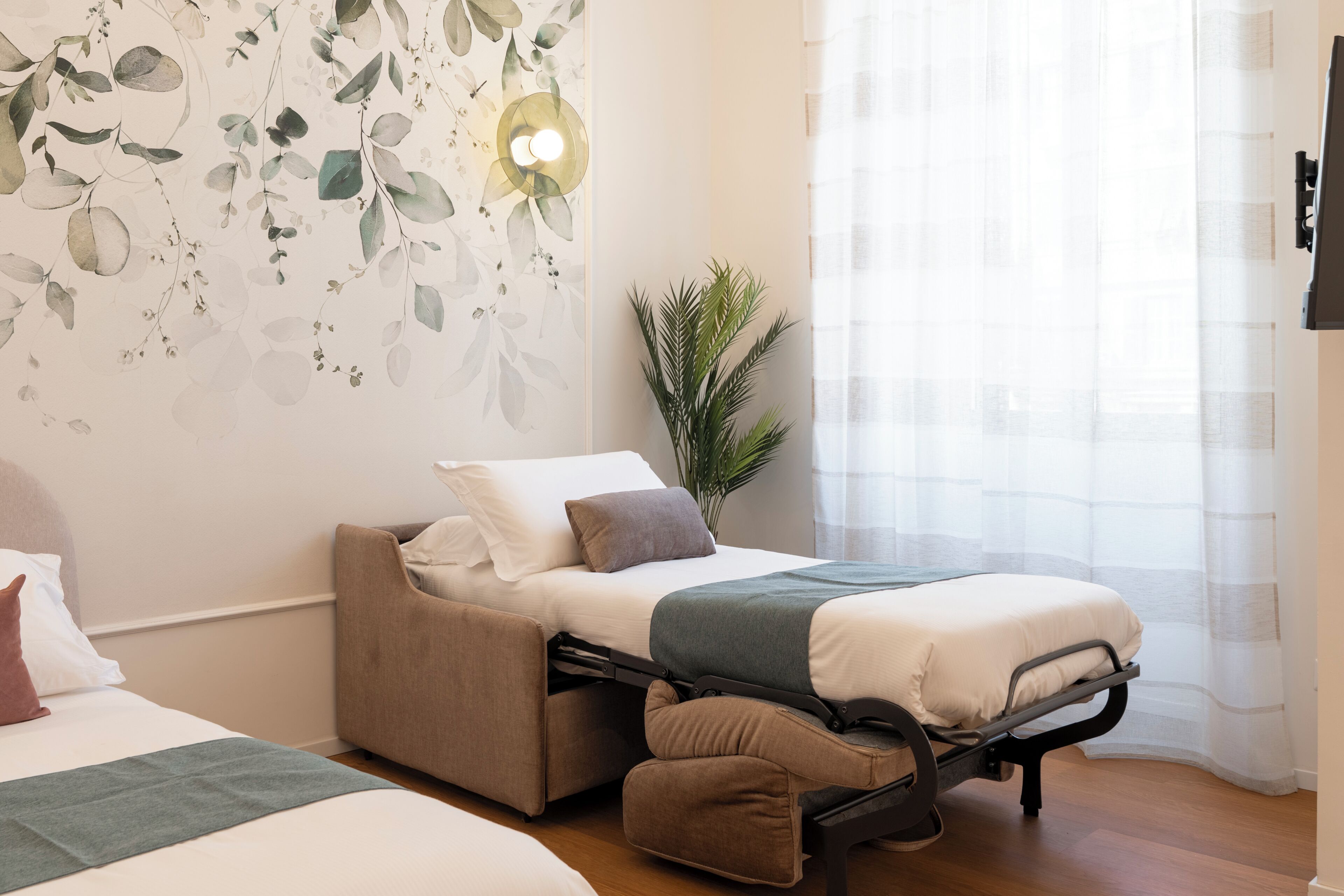 Una habitación con cama, sofá cama, televisión de pared y una planta.