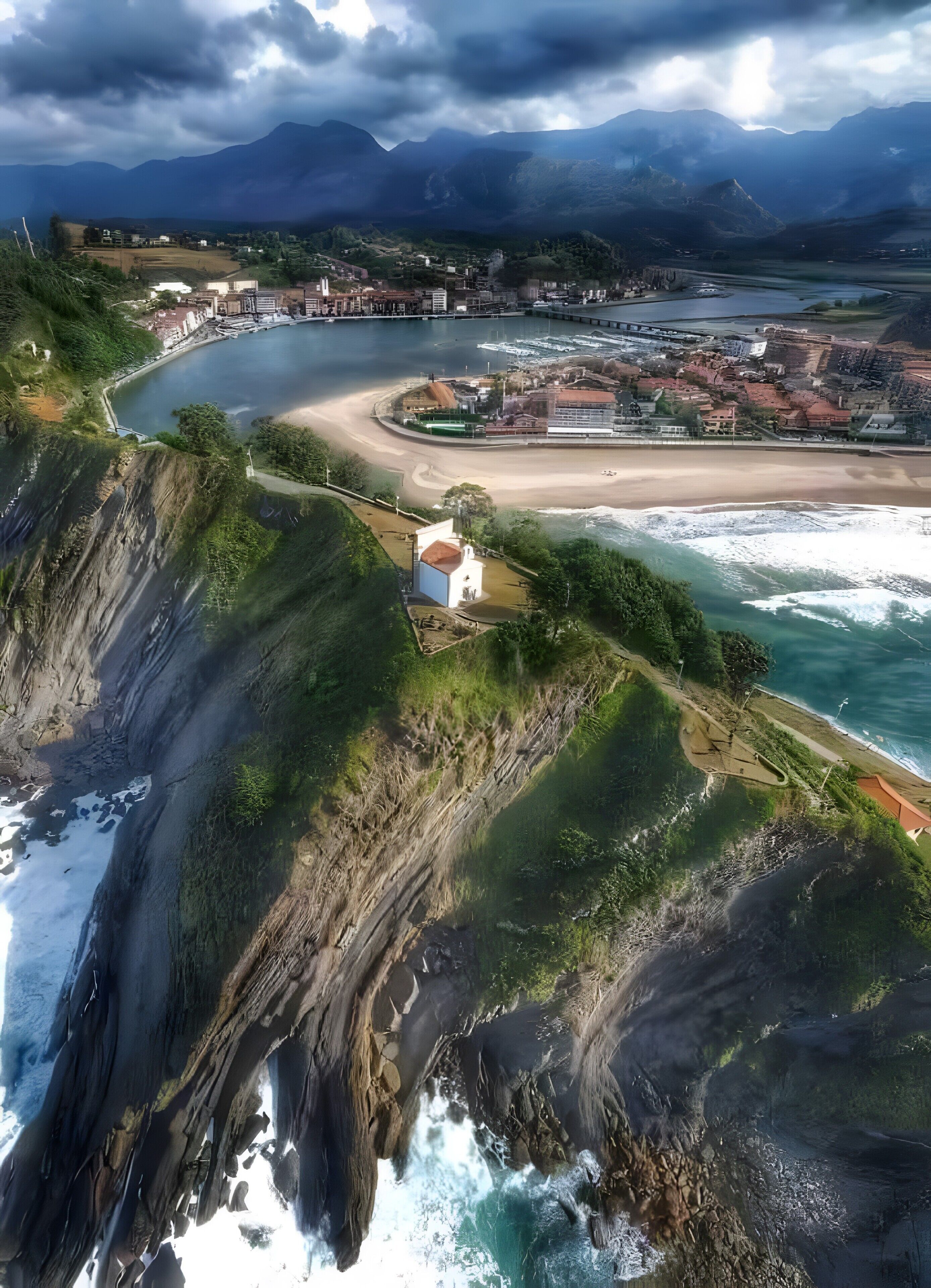 A coastal town with a cliffside, beach, and a river.