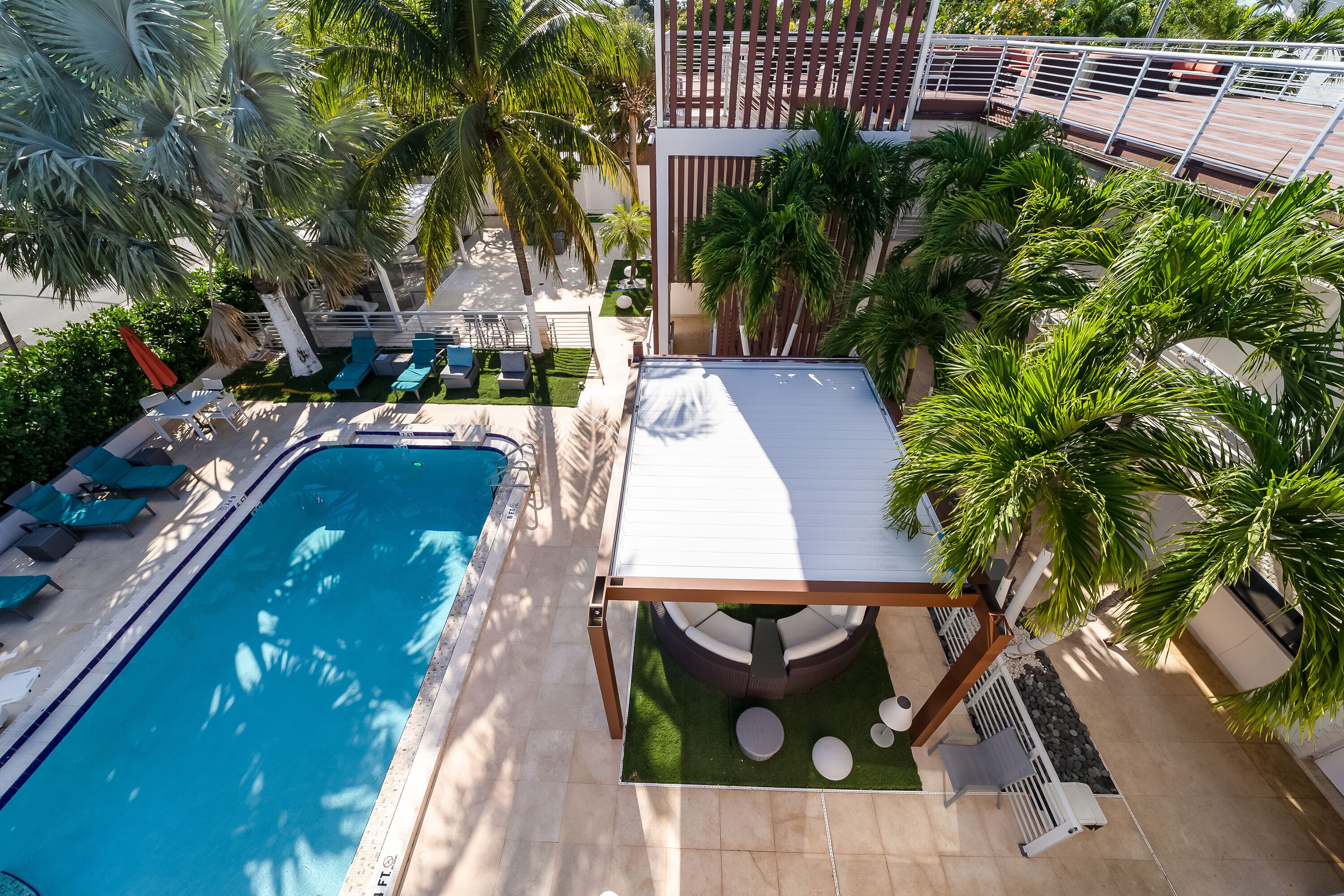 A rooftop pool area with lounge chairs, a pergola, and palm trees.