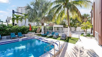 2 outdoor pools, open 8:00 AM to 7:00 PM, pool umbrellas, sun loungers