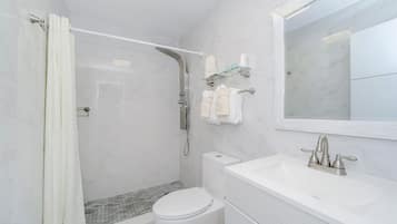 Een moderne badkamer met douche, toilet en wastafel.