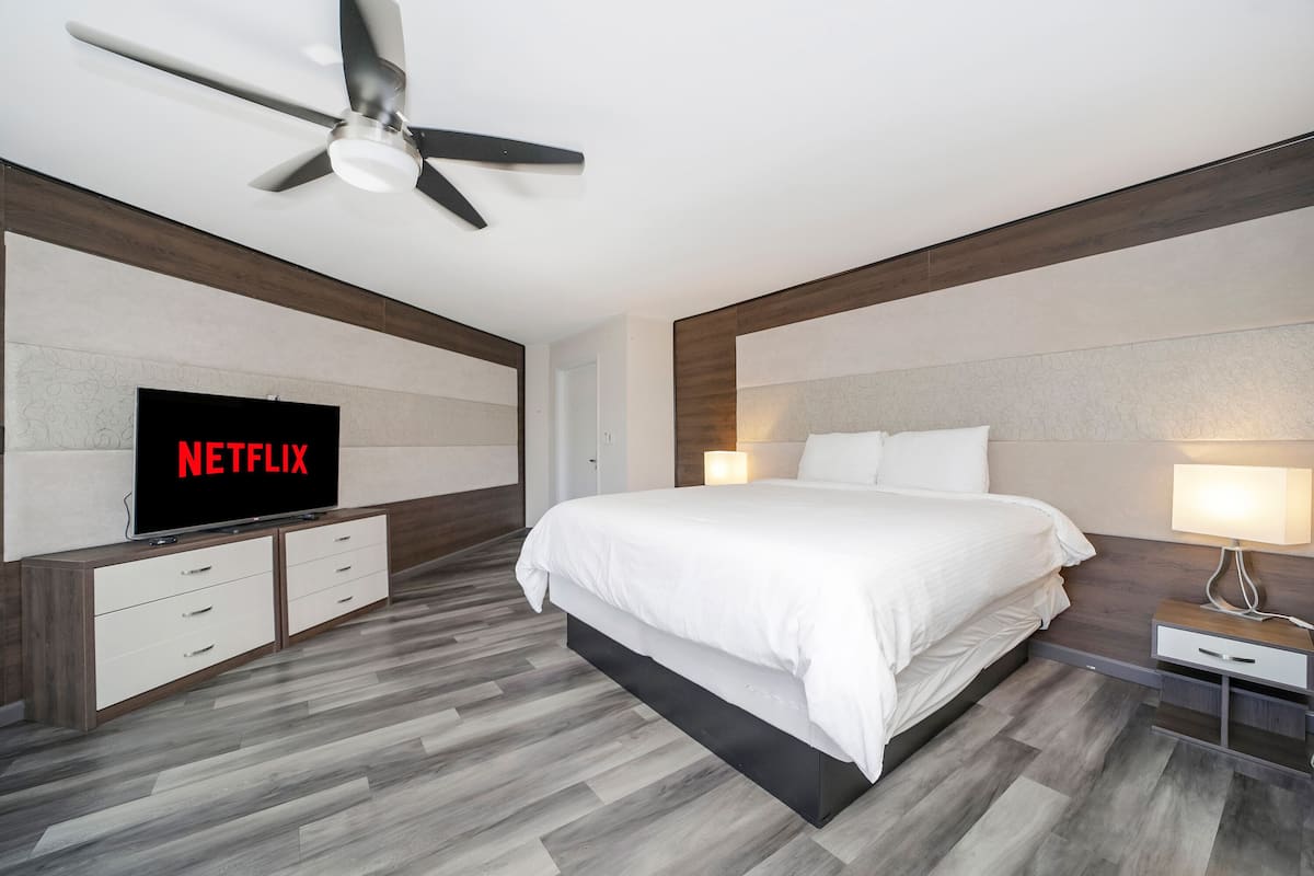 A modern hotel room with a large bed, a ceiling fan, a TV with 'NETFLIX' on the screen, a nightstand, and a bedside lamp.