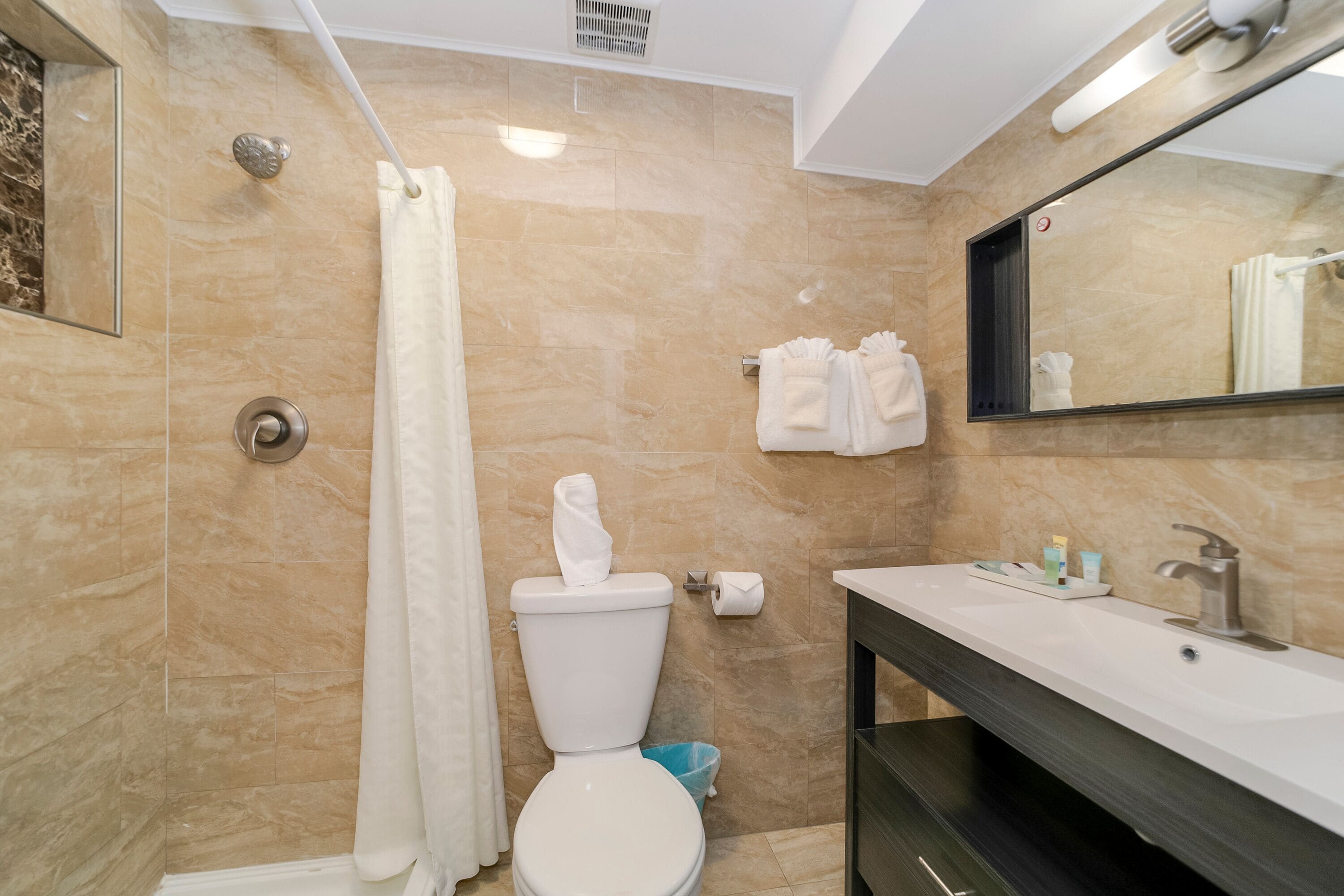 Un baño moderno con ducha, inodoro y lavamanos.
