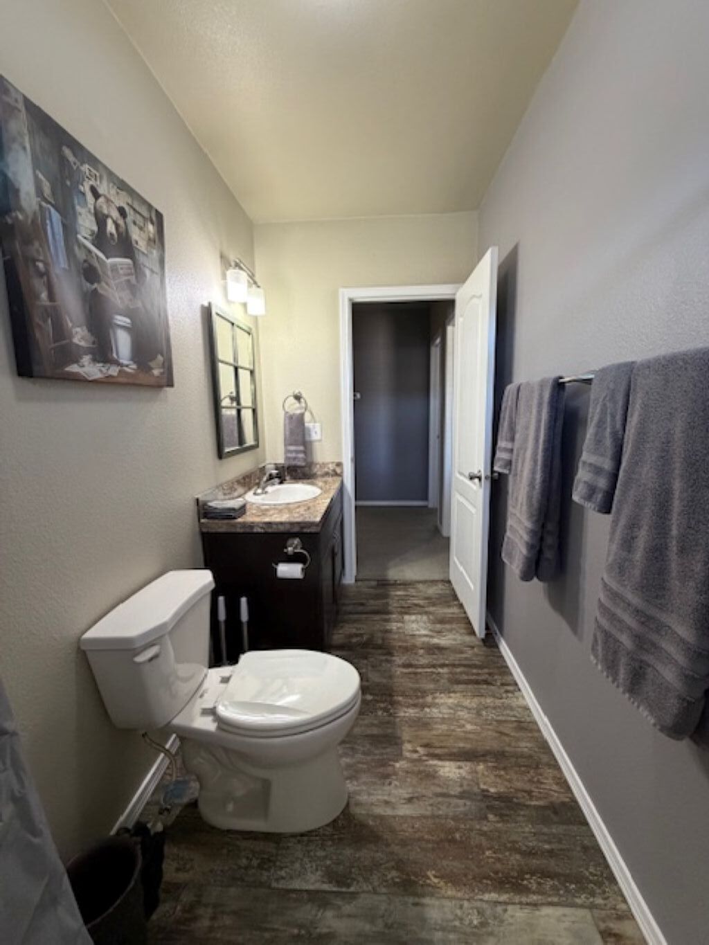 A narrow hallway leading to a bathroom with a toilet, sink, and dark-colored vanity.
