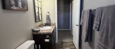 A narrow hallway leading to a bathroom with a toilet, sink, and dark-colored vanity.