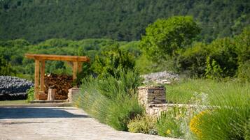 A paved pathway leading to a wooden pergola with a stone wall and greenery.
