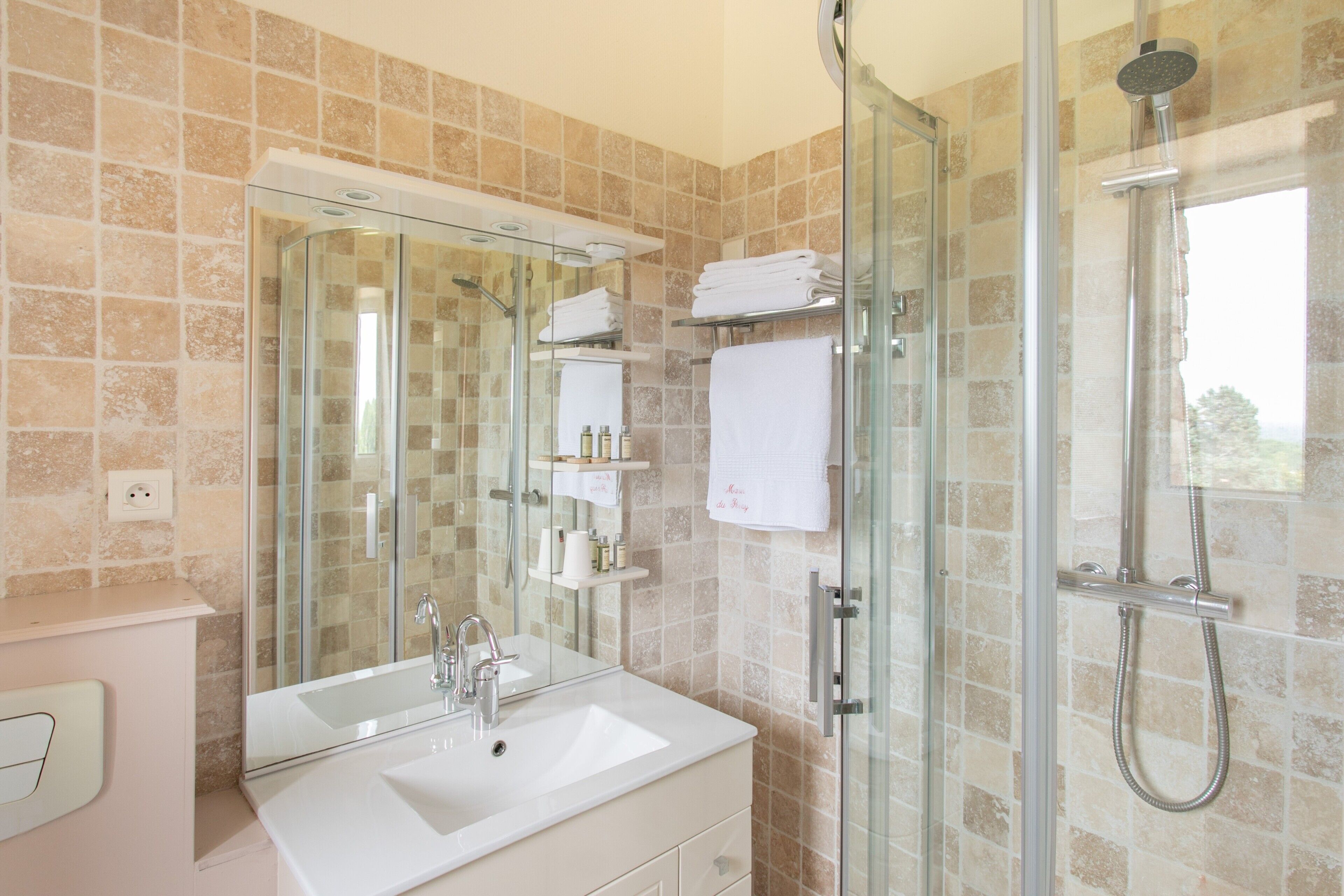 Shower, hair dryer, towels