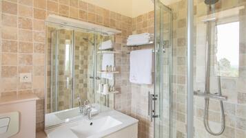 Shower, hair dryer, towels