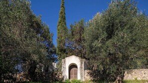 A stone building with an arched doorway, surrounded by dense olive trees and a clear blue sky. - Spartilas Villas (Corfu)