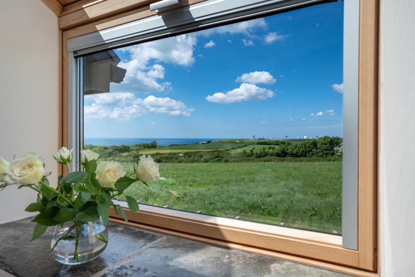 A window with a clear view of a green field and a blue sky with clouds.