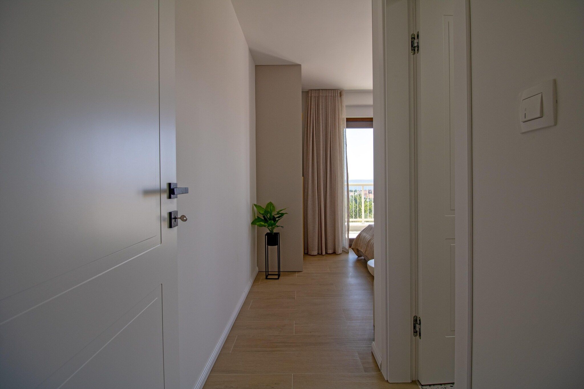 Ein Flur mit Blick auf einen Balkon, einer Topfpflanze und einer Tür mit Griff.