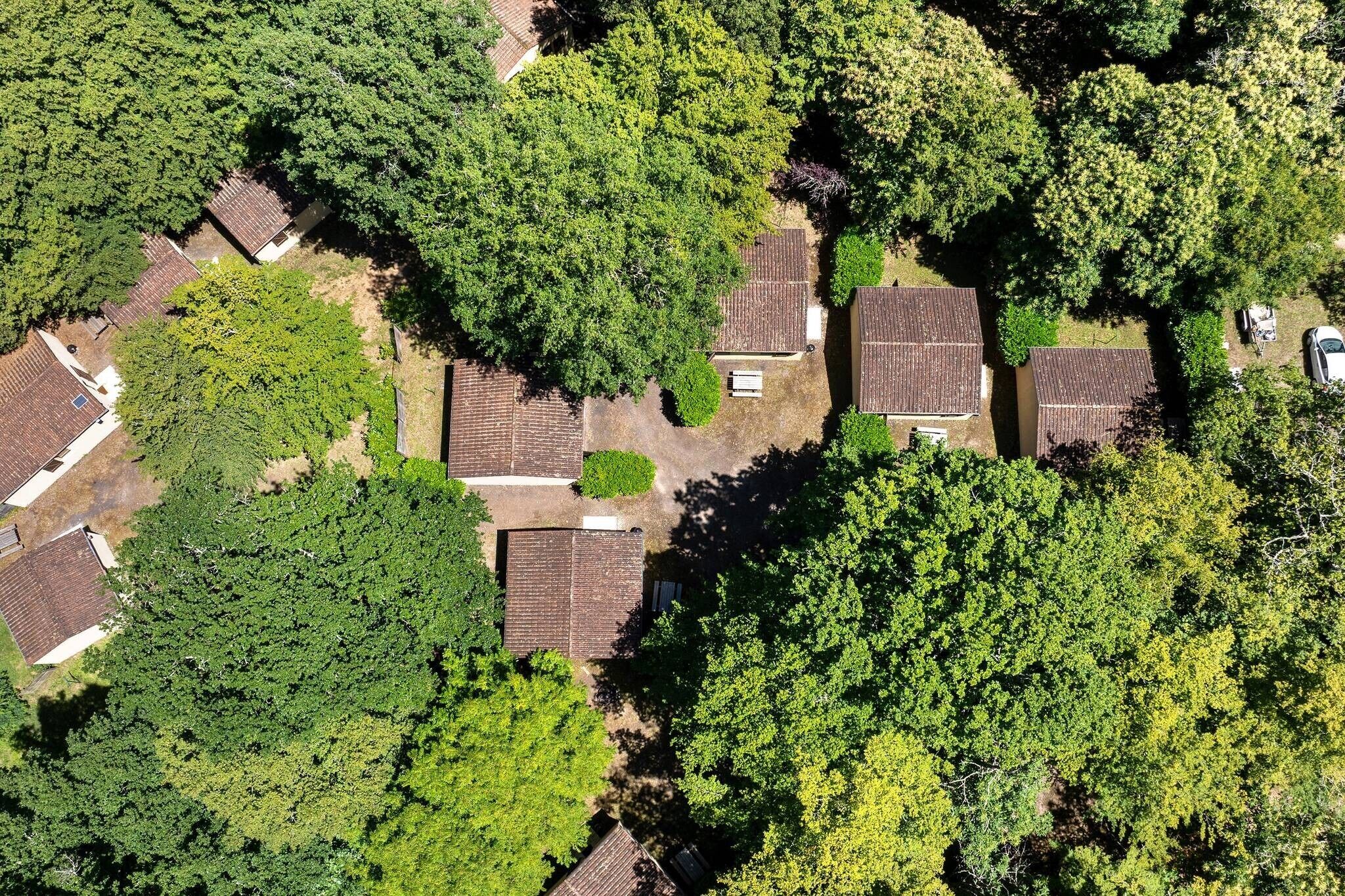 Oversigtsbillede af et boligområde med flere huse omgivet af frodig vegetation.