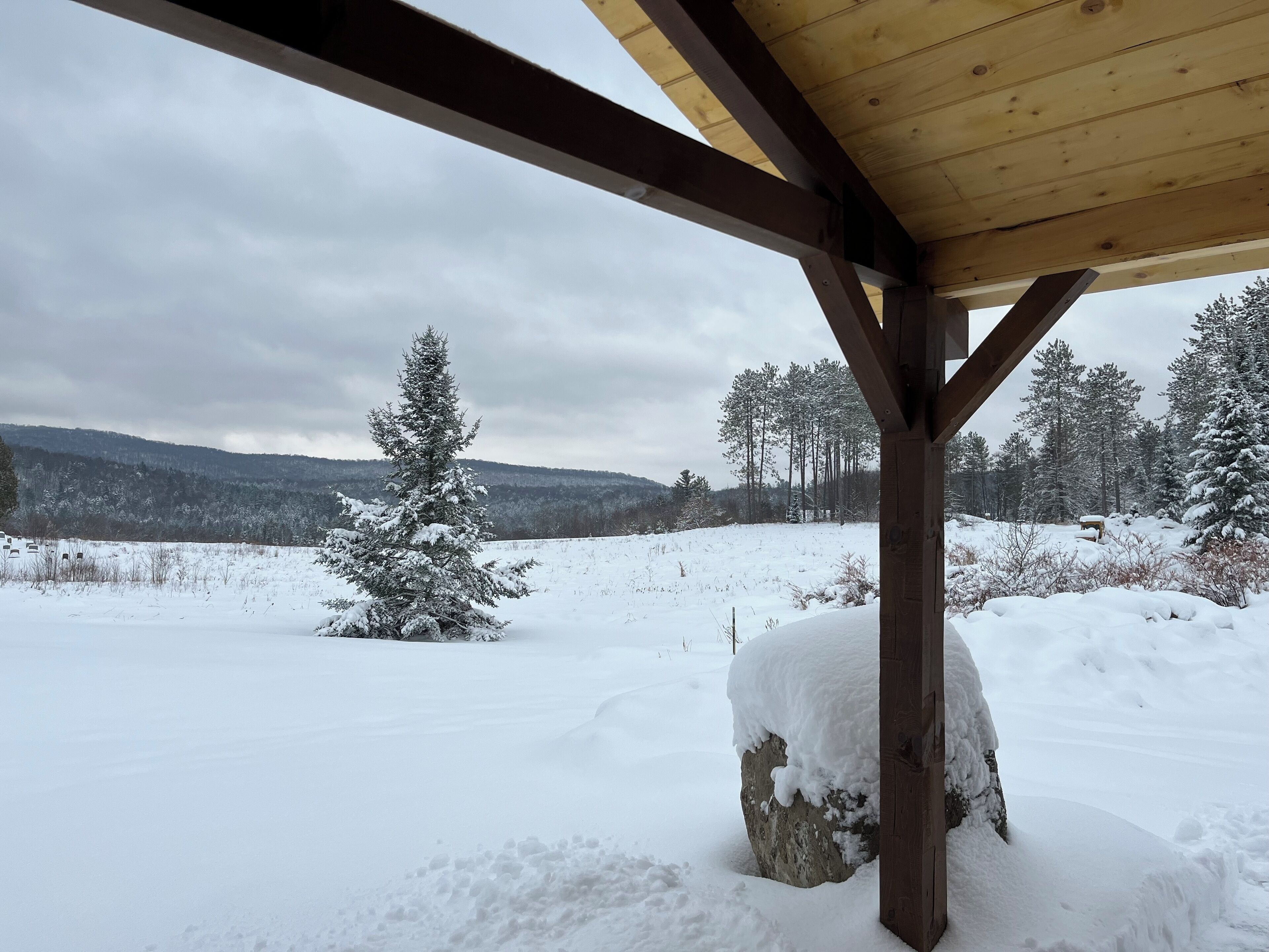 Une structure en bois offrant une vue sur un paysage enneigé, avec des arbres et des collines au loin.