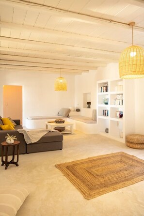 Fireplace, books - Villa O’Malley - Into the Cycladic wild (Kamari)