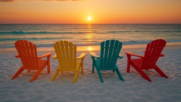 Quattro poltrone Adirondack rivolte verso l'oceano al tramonto.