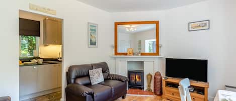 A living room with a fireplace, a sofa, a television, and a kitchen area.