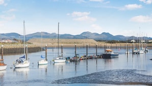 A marina with multiple boats docked, calm water, and a backdrop of mountains and a clear sky. - 2 Bed in Pwllheli (oc-s32070) (Pwllheli)