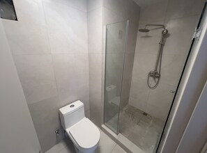 Chuveiro, secador de cabelo, toalhas de banho, sabonete