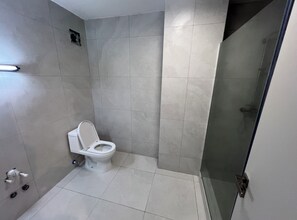 Ducha, secador de pelo, toallas y jabón