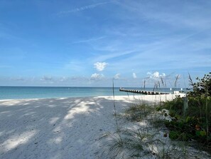 A beach with a wooden pier extending into the ocean, surrounded by sand and sparse vegetation.