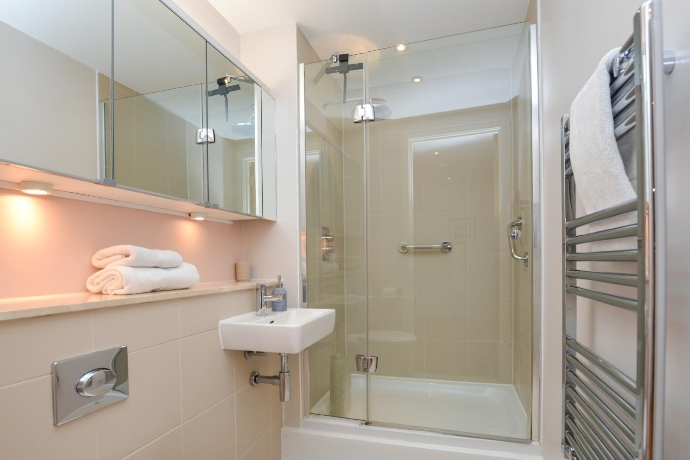 A modern bathroom with a glass-enclosed shower, a white sink, and a towel rack.