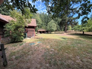 Un rustico chalet con tetto rosso, circondato da un cortile recintato e alberi fitti.