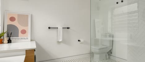 Shower, hair dryer, towels