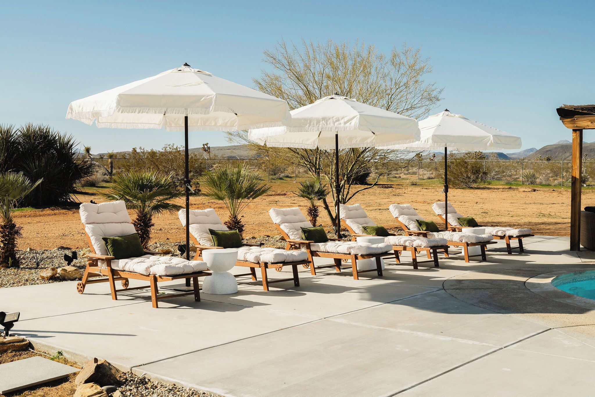 A poolside area with lounge chairs and white umbrellas.