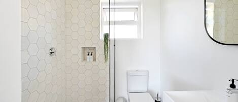 Shower, hair dryer, towels