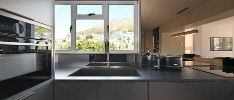 Fridge, microwave, oven, stovetop