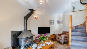 A cozy living room with a wood-burning stove, a television, a plaid armchair, and a staircase. - 2 Bed in Ponthirwaun (oc-c33293) (Ponthirwaun)