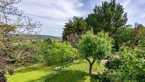A lush garden with a lawn, a wooden bench, and a variety of trees. - Casa Rural Selmo in the Heart of Asturias (Zancornio)