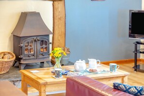 A cozy living room with a wood-burning stove, a wooden coffee table with a vase of flowers, a television, and a comfortable couch.