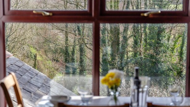 Une table à manger avec des chaises, un vase rempli de fleurs jaunes et une bouteille, le tout vu à travers une fenêtre donnant sur des arbres.