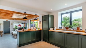 Une cuisine moderne avec des meubles de couleur vert foncé, un plafond en bois et une grande fenêtre.