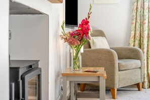 A living room with a beige armchair, a small wooden table with a vase of flowers, and a television on a stand. - 1 Bed in Errol (oc-s33022) (Errol)