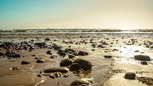 Una spiaggia con rocce sparse e onde.
