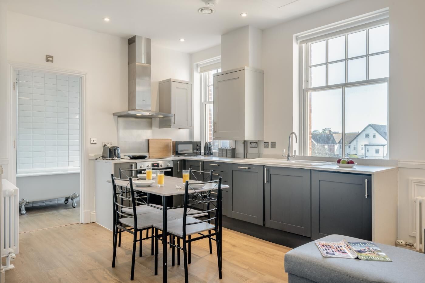 Microwave, oven, dishwasher, high chair
