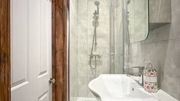 Une salle de bain avec une douche, un lavabo et un miroir.