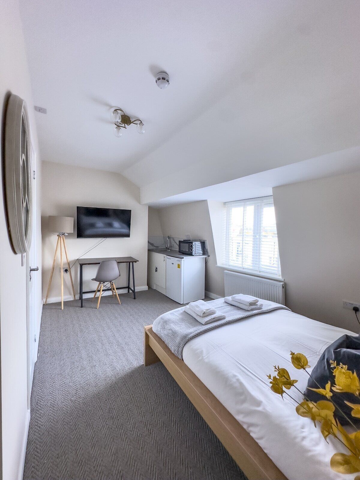 A modern bedroom with a bed, a desk, a TV, and a kitchenette.