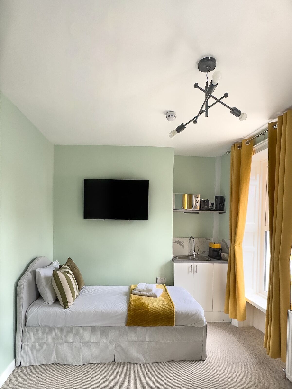 A bedroom with a bed, a TV mounted on the wall, a ceiling light fixture, and a kitchen area with a sink and cabinets.