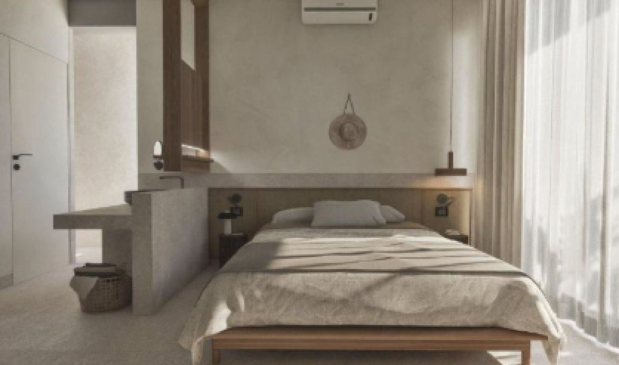 Quarto moderno com cama, mesas de cabeceira, espelho e luminária suspensa.