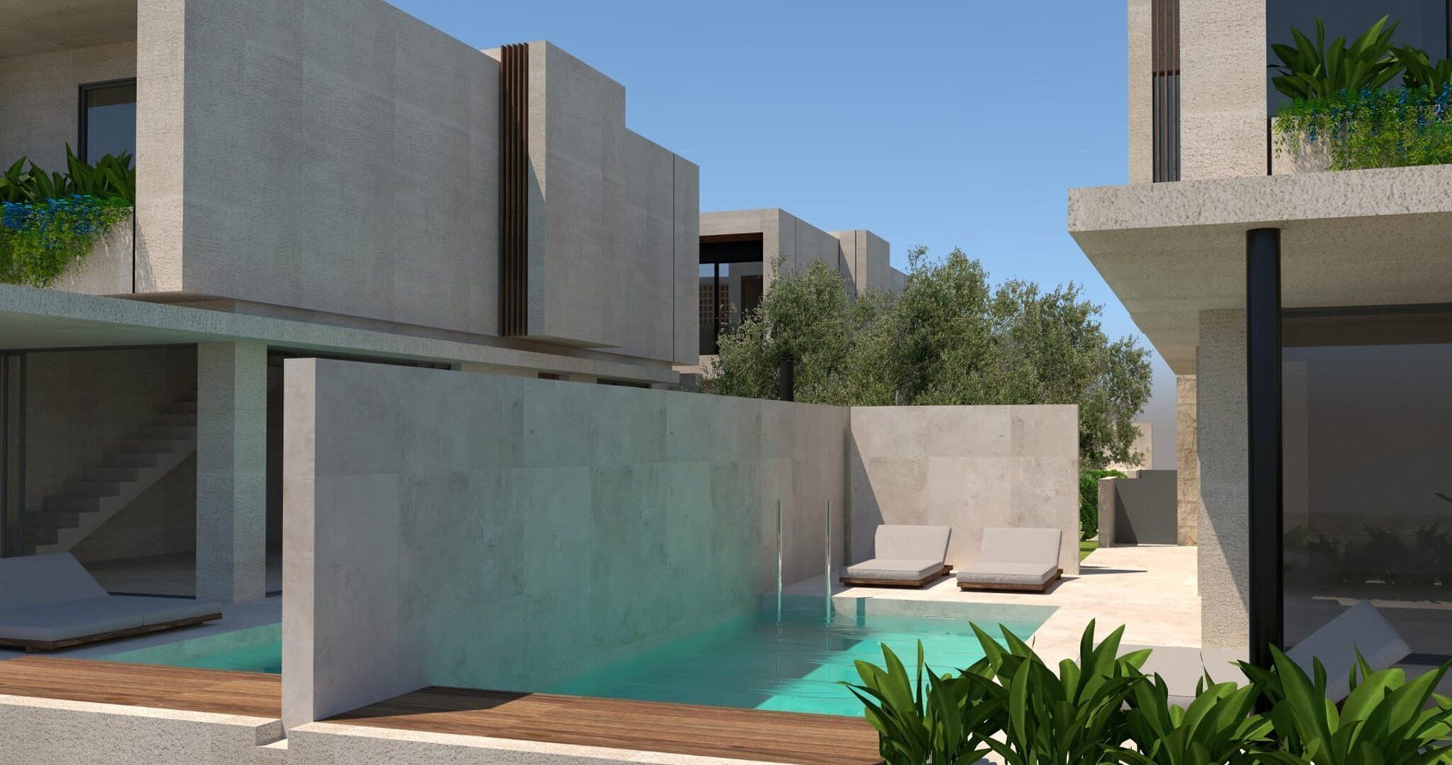 A modern outdoor pool area with concrete structures, lounge chairs, and greenery.