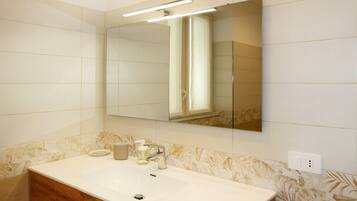 Shower, hair dryer, bidet, towels