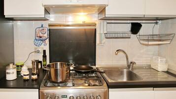 Fridge, stovetop, cookware/dishes/utensils, paper towels