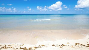 Una playa con agua azul cristalina y una orilla arenosa.