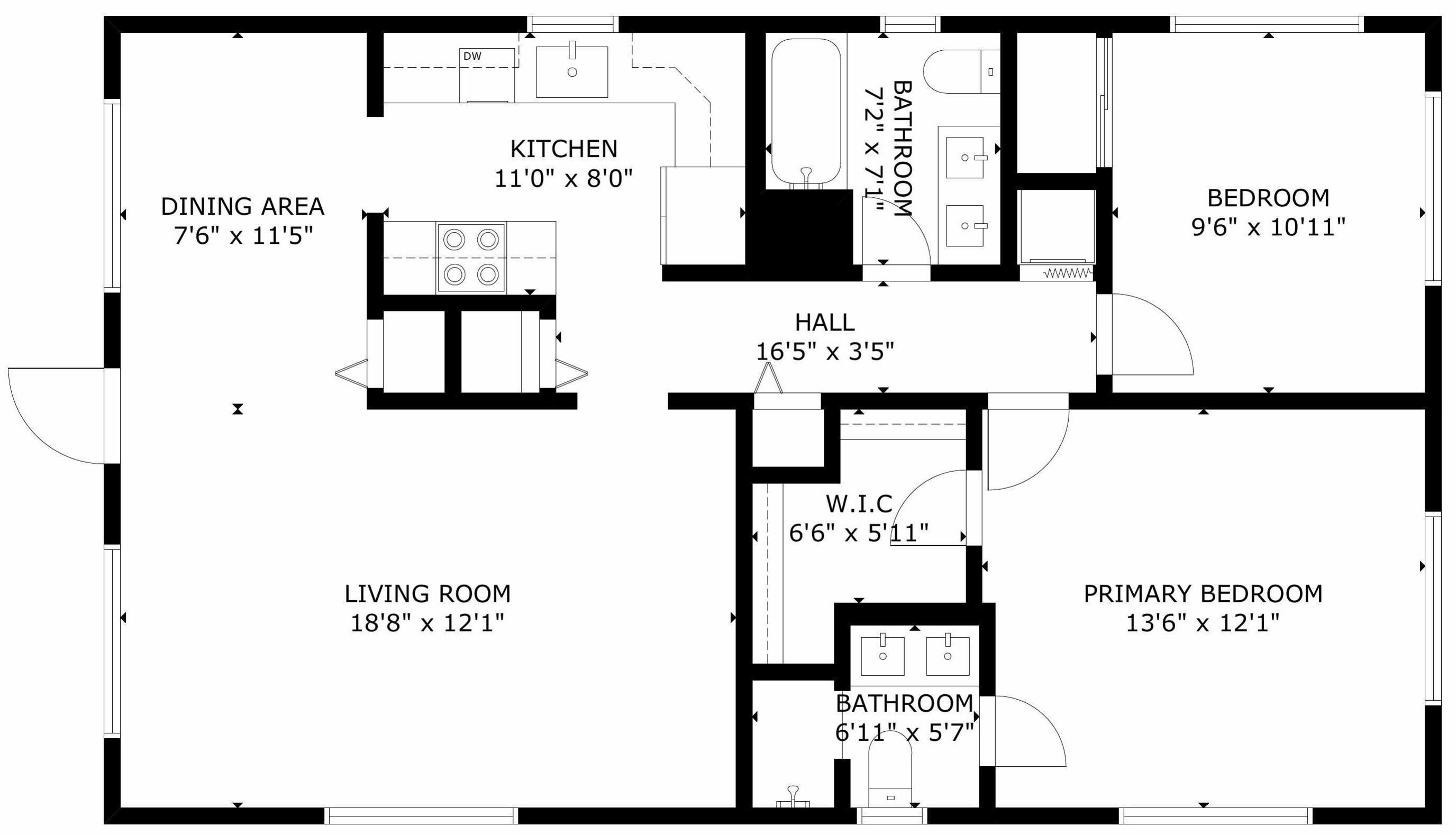 A floor plan of a house with a dining area, kitchen, living room, two bedrooms, a bathroom, and a hall.